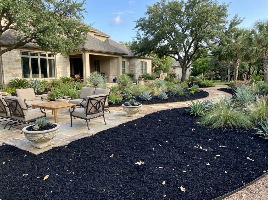 Dyed Black Mulch ground cover spread around shrubs, deep black shredded texture layered evenly over soil.