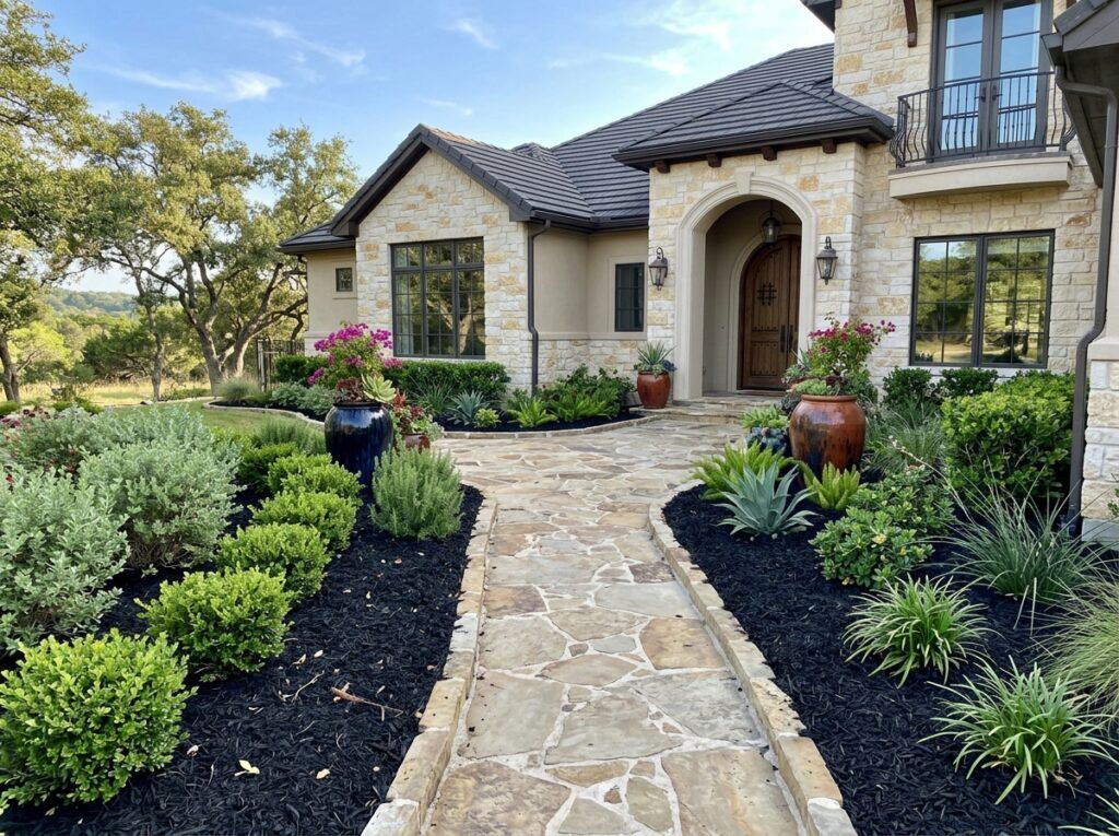 Dyed Black Mulch ground cover spread in a garden bed, dark shredded mulch around shrubs and edging.