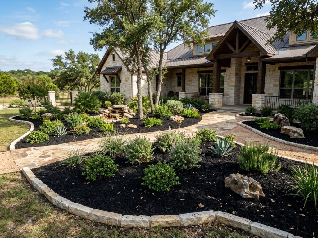 Dyed Black Mulch ground cover spread around shrubs, dark black shredded mulch covering soil.