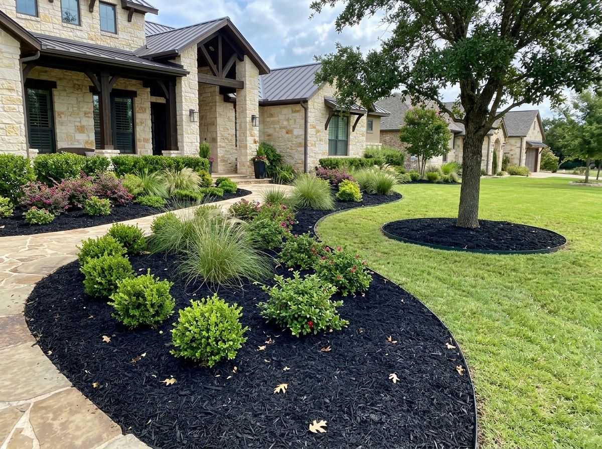 Dyed Black Mulch ground cover spread in a garden bed, dark shredded texture around shrubs.