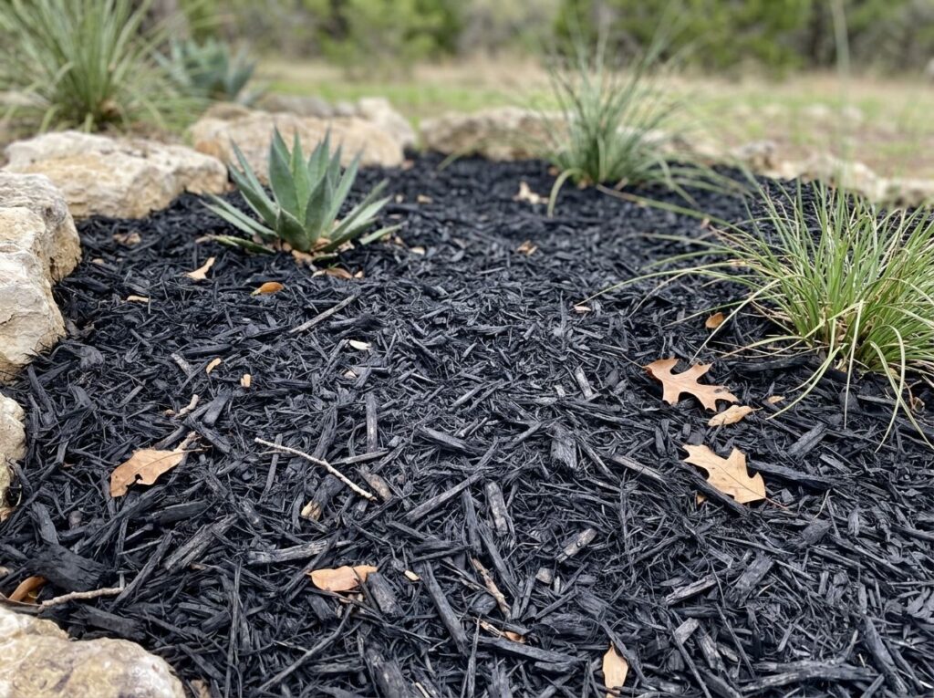 Dyed Black Mulch ground cover piled in a tidy mound, dark shredded texture for landscaping beds.