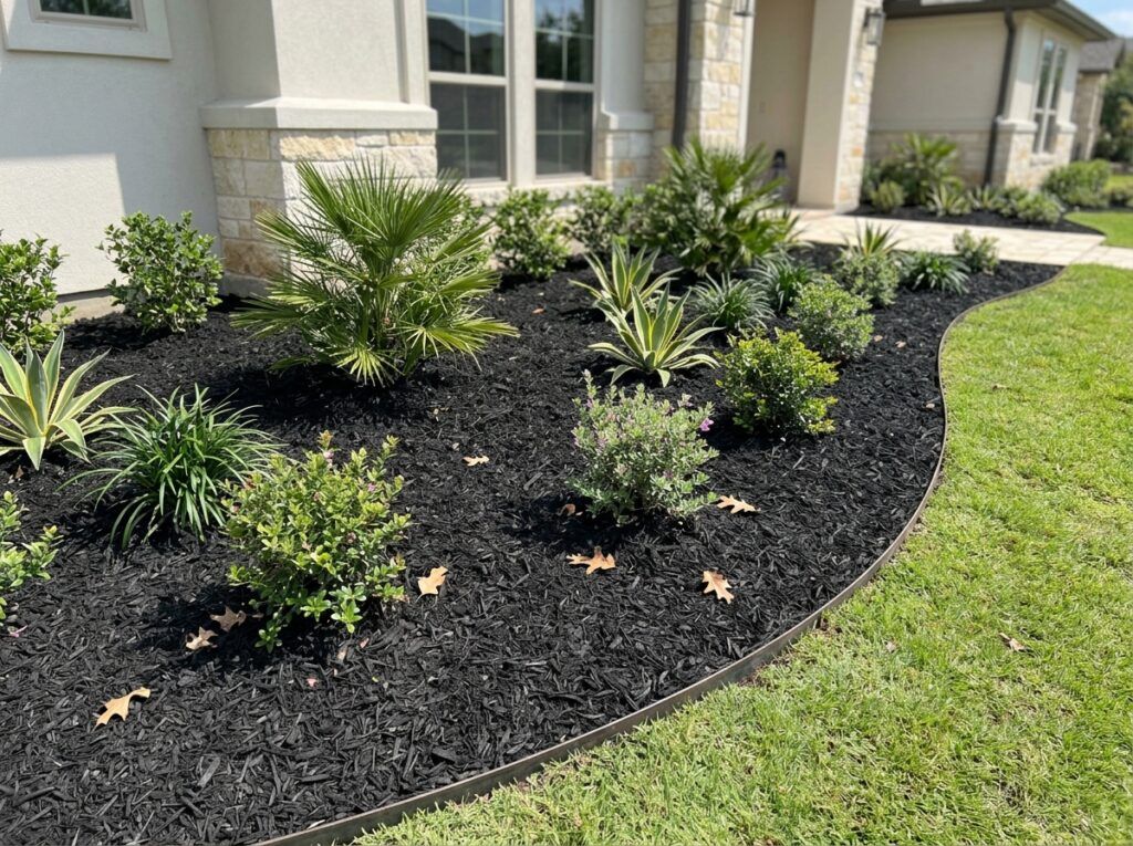 Dyed Black Mulch ground cover spread in a neat layer, deep black chips with rich texture for landscaping beds.