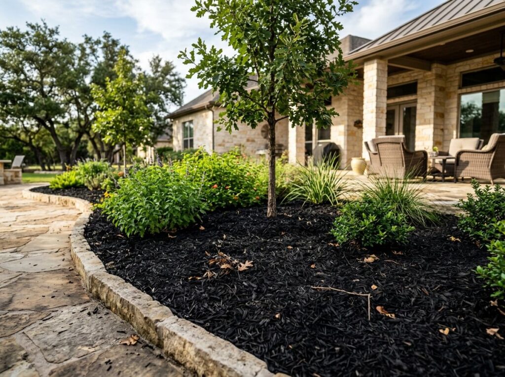 Dyed Black Mulch ground cover piled in a neat mound, showing deep black shredded texture.