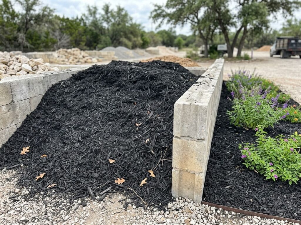 Dyed Black Mulch ground cover piled in a bed, dark black shredded wood chips with coarse texture.