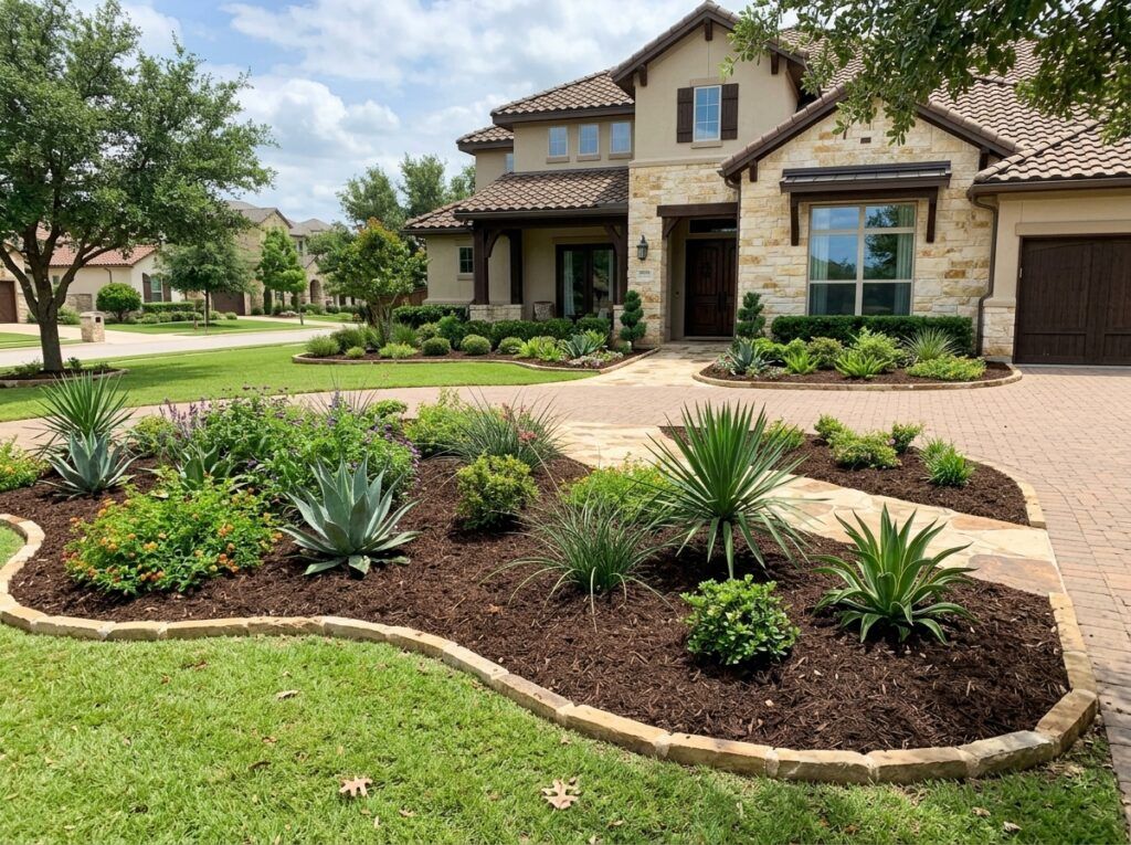 Dyed Brown Mulch ground cover spread in a smooth layer around plants, rich chocolate-brown color.