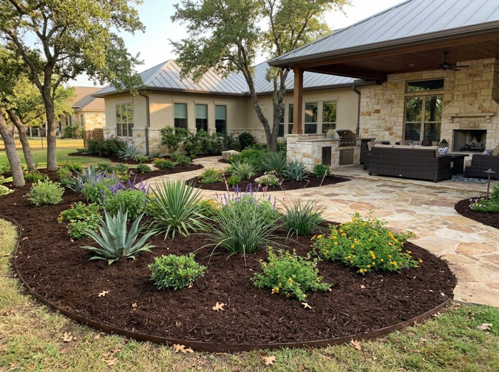 Dyed Brown Mulch ground cover spread in a garden bed around plants, rich dark brown wood chips.
