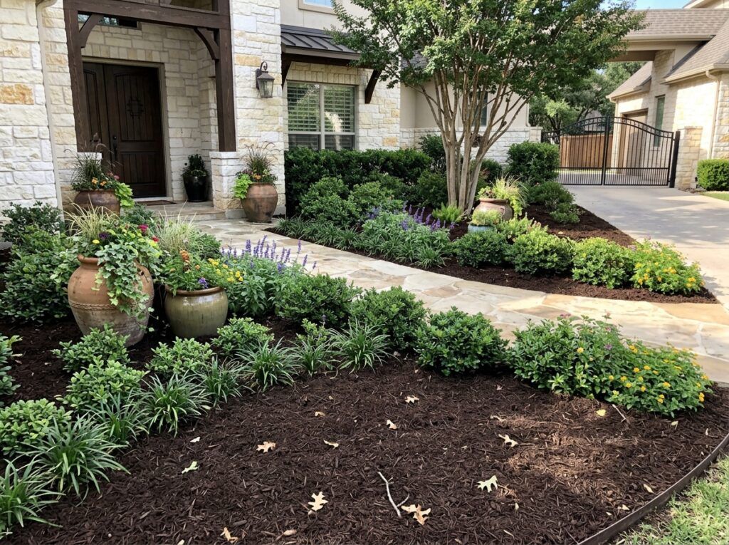 Dyed Brown Mulch ground cover spread in an even layer around shrubs, rich dark-brown shredded texture.
