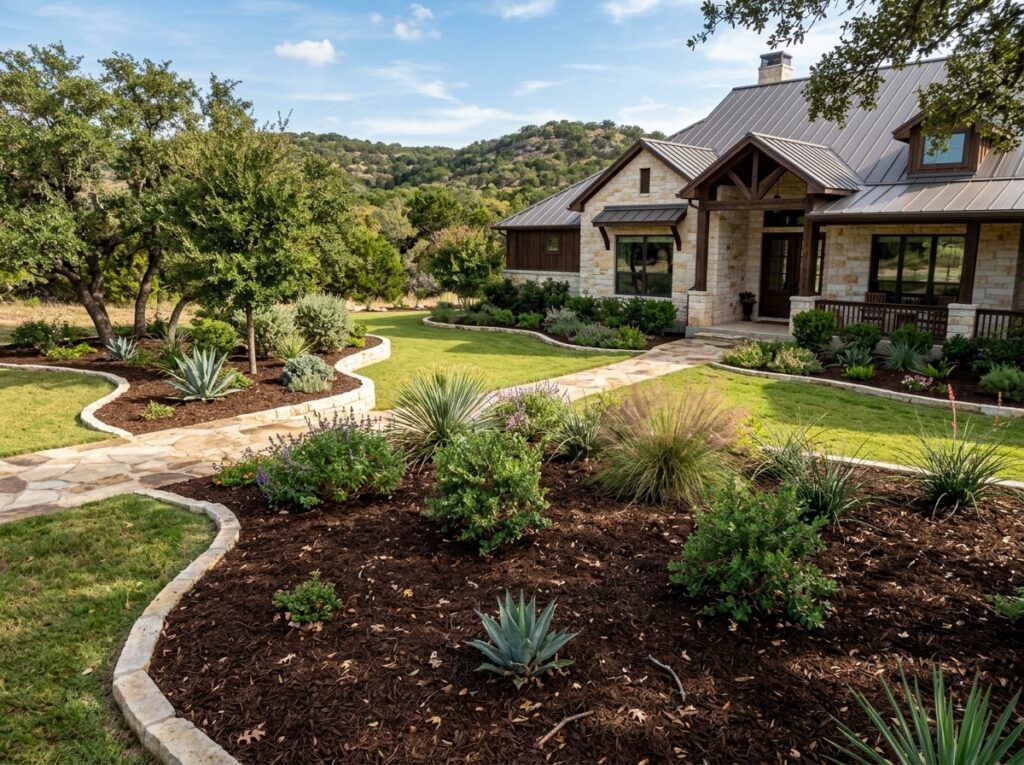 Dyed Brown Mulch ground cover spread in a thick layer around shrubs, adding rich brown color and texture.