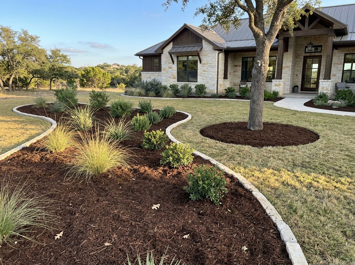 Dyed Brown Mulch ground cover spread around shrubs, rich brown shredded mulch covering soil in a garden bed.