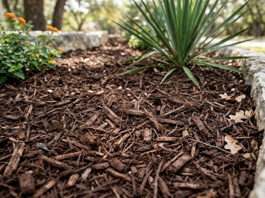 Dyed Brown Mulch ground cover spread in a thick layer, rich chocolate-brown chips for landscaping beds.