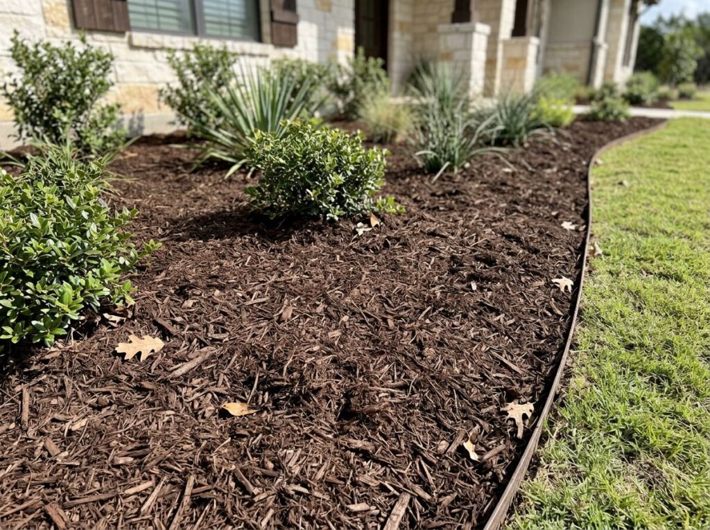 Dyed Brown Mulch ground cover piled in a rich chocolate-brown, shredded texture for landscaping beds.