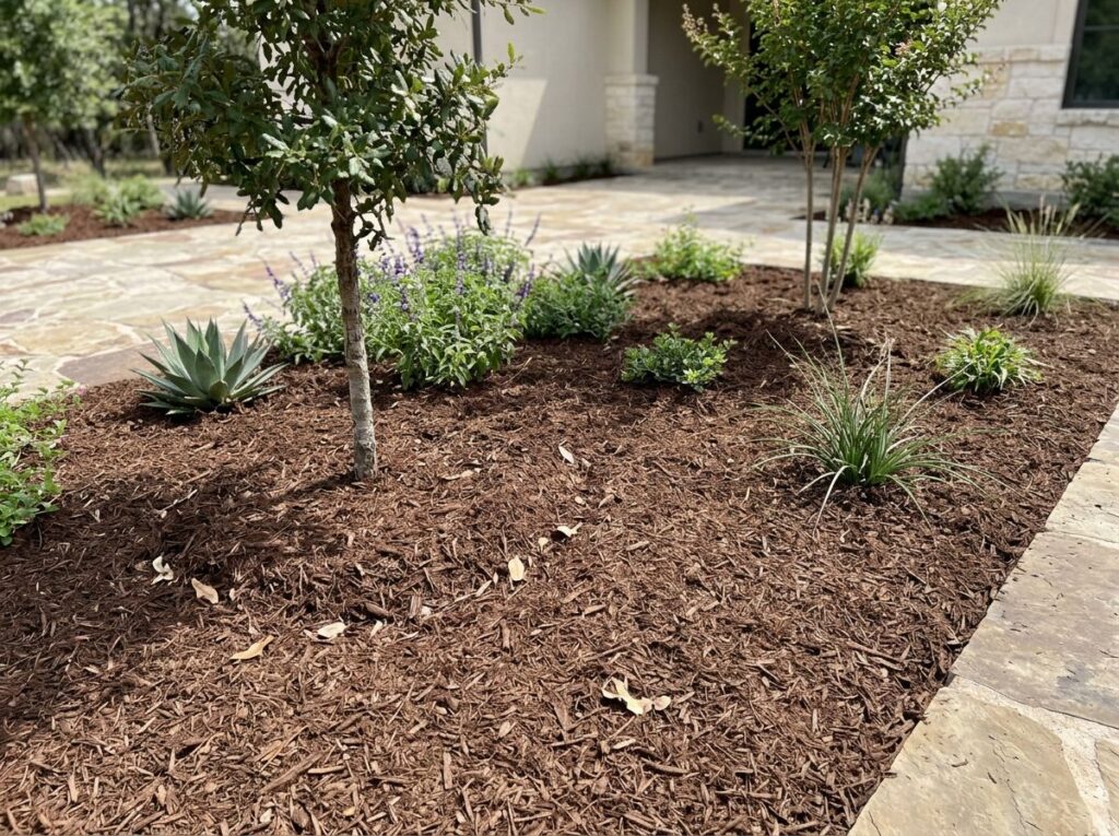 Dyed Brown Mulch ground cover spread in a neat layer, rich chocolate-brown wood chips with coarse texture.