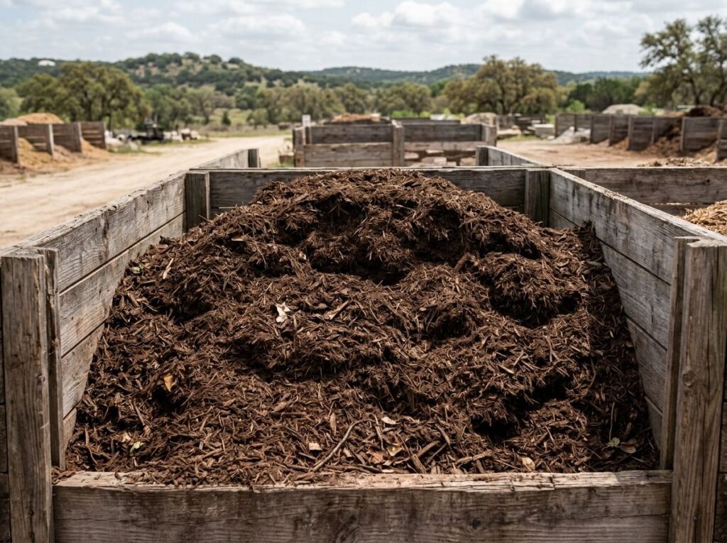 Dyed Brown Mulch mulch ground cover in rich chocolate-brown shredded pieces spread over soil for landscaping.