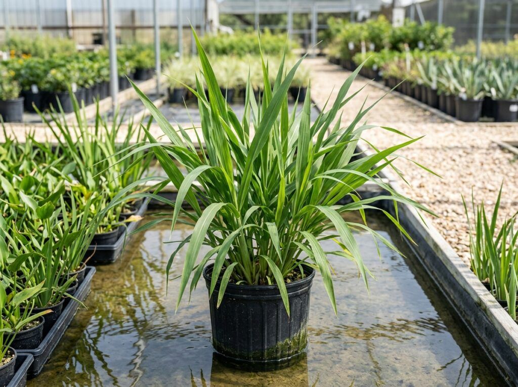 Eastern Gamagrass perennial grass in a black nursery pot with upright green blades.