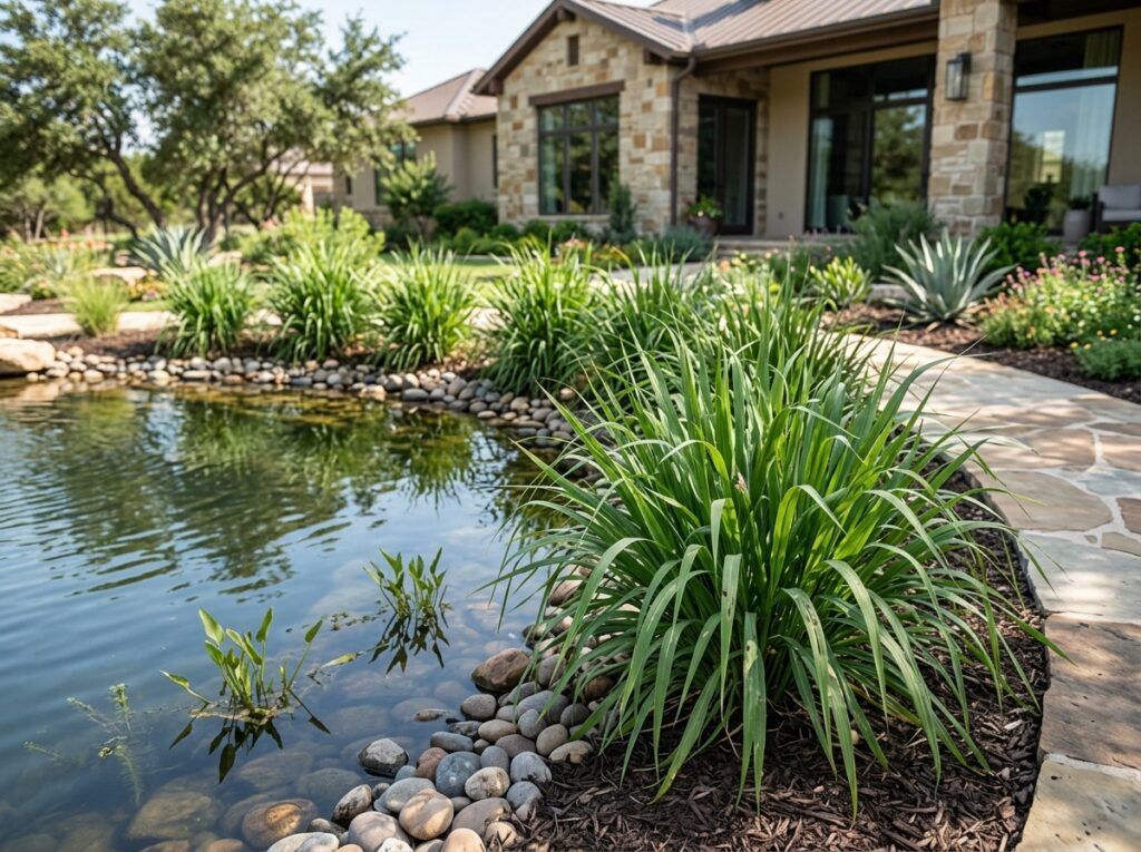 Eastern Gamagrass perennial grass clump with arching green blades growing in a nursery container.