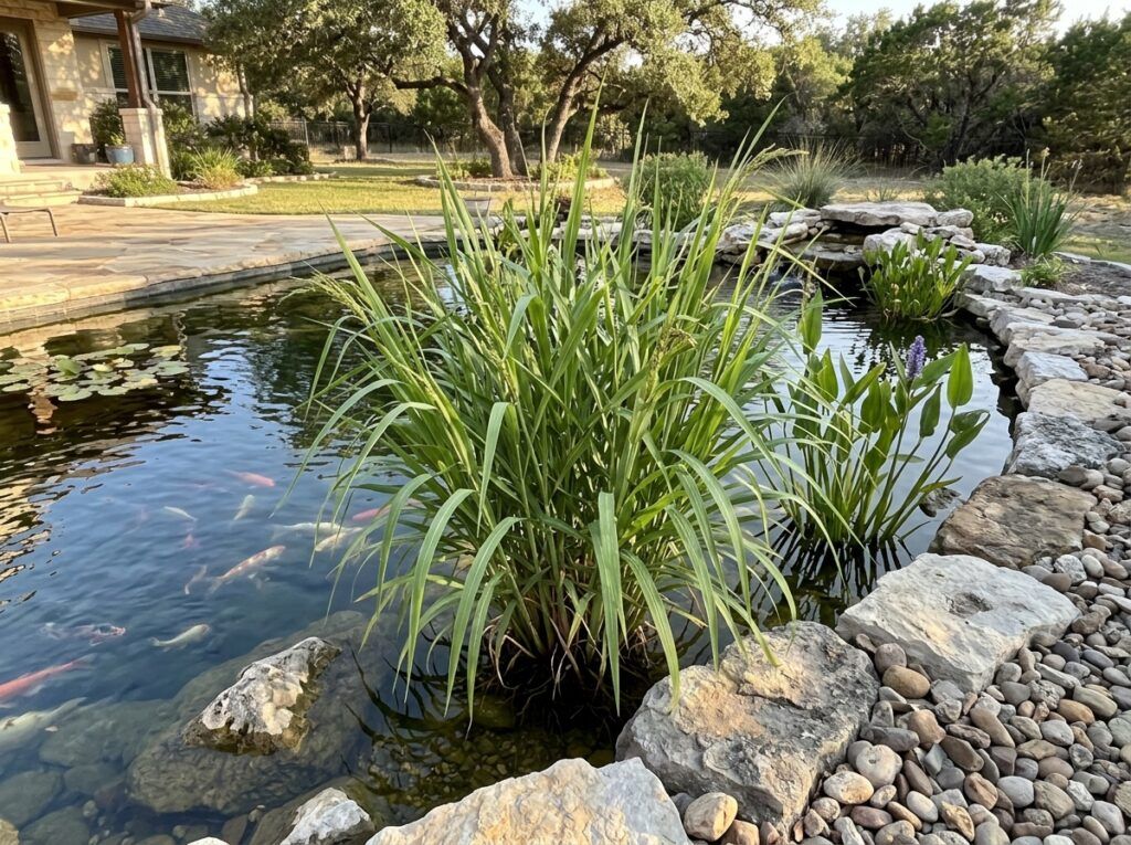 Eastern Gamagrass perennial in a nursery pot with upright green blades.