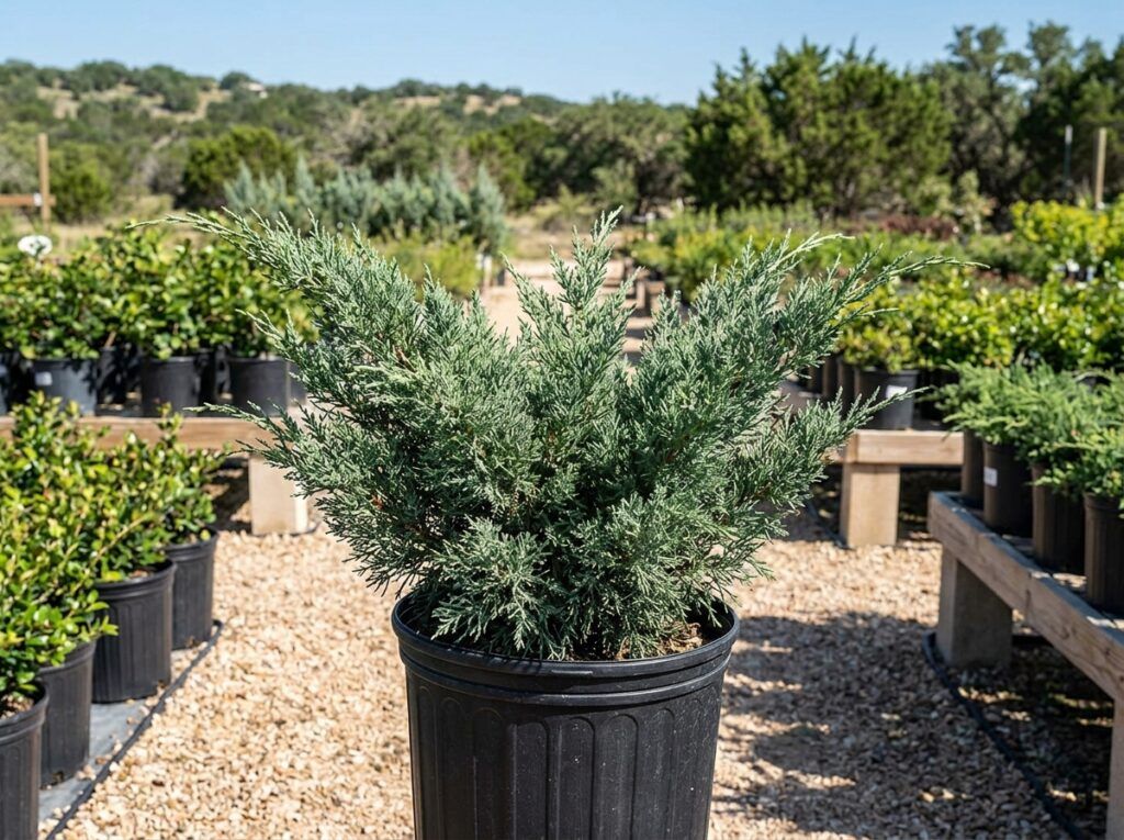 Eastern Red Cedar tree with dense green evergreen foliage growing in a black nursery container.