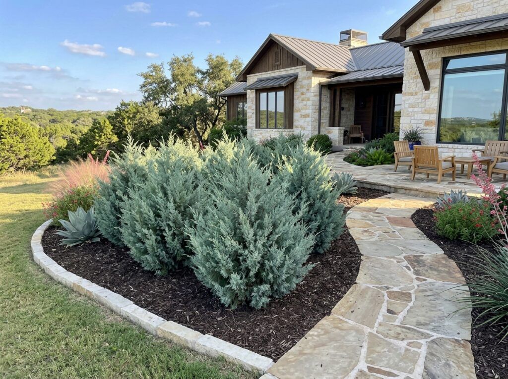 Eastern Red Cedar tree with dense green evergreen foliage and conical form, shown in a nursery container.