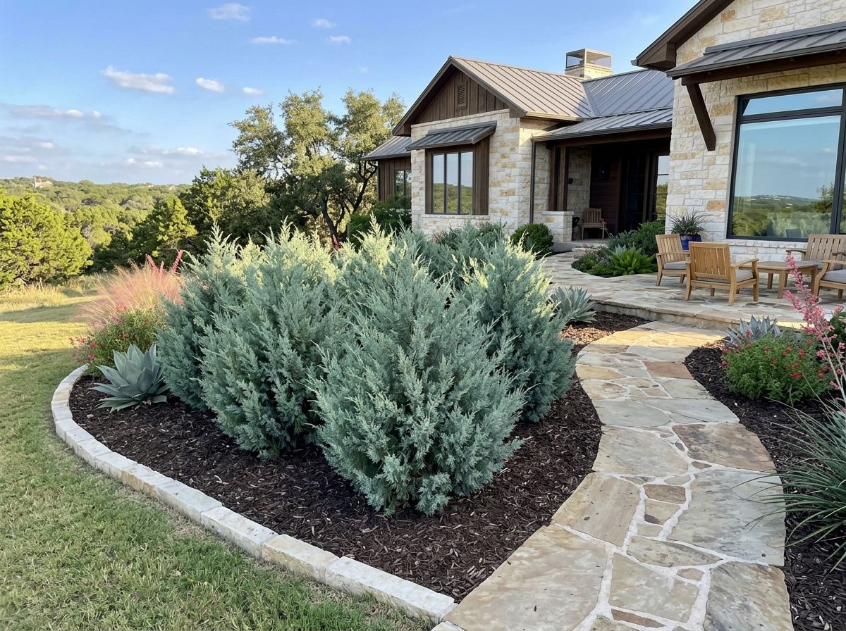Eastern Red Cedar tree with dense green evergreen foliage and conical form, shown in a nursery container.