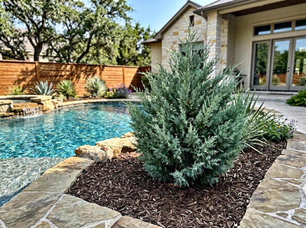 Eastern Red Cedar tree in nursery container with dense green evergreen foliage.