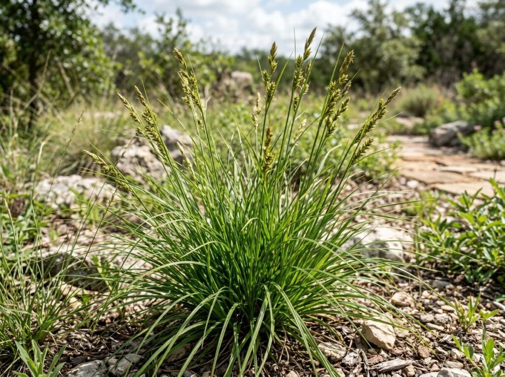 Edwards Plateau Sedge groundcover in a nursery pot, dense clump of fine green blades.