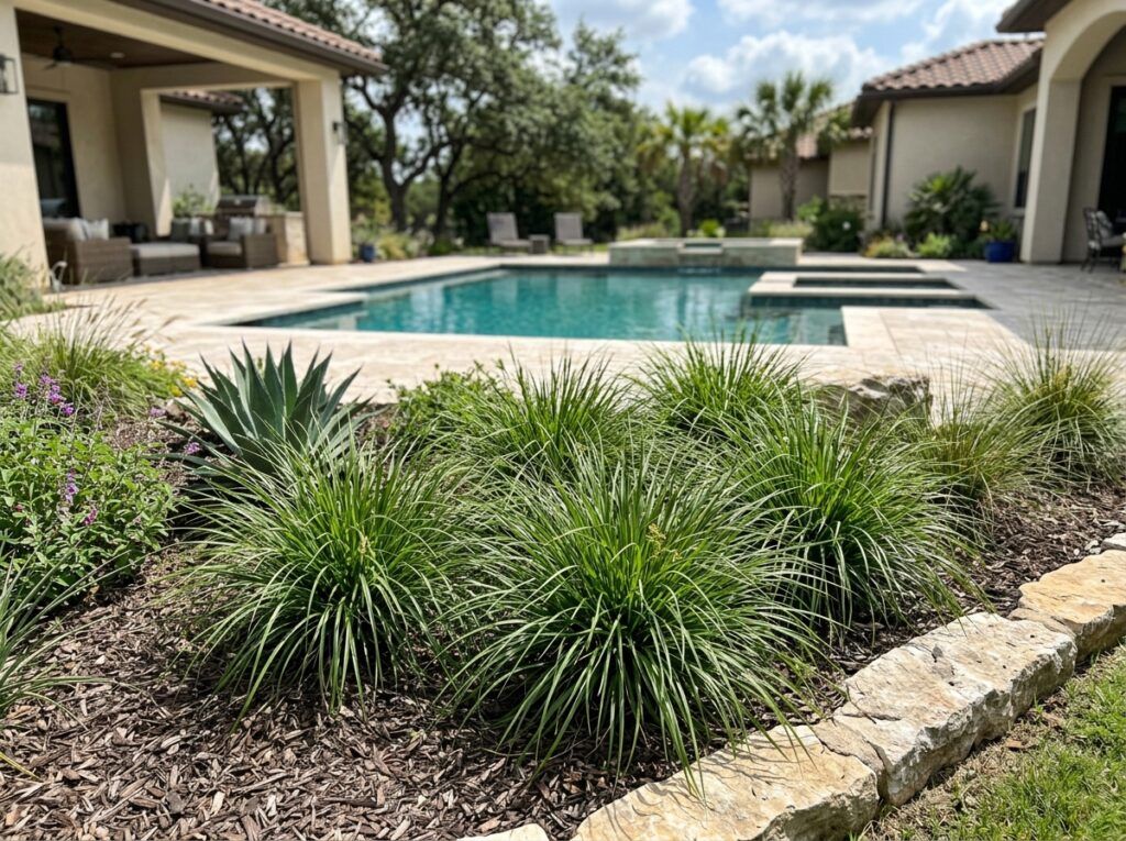 Edwards Plateau Sedge perennial in a nursery pot, dense green arching blades forming a low clump.