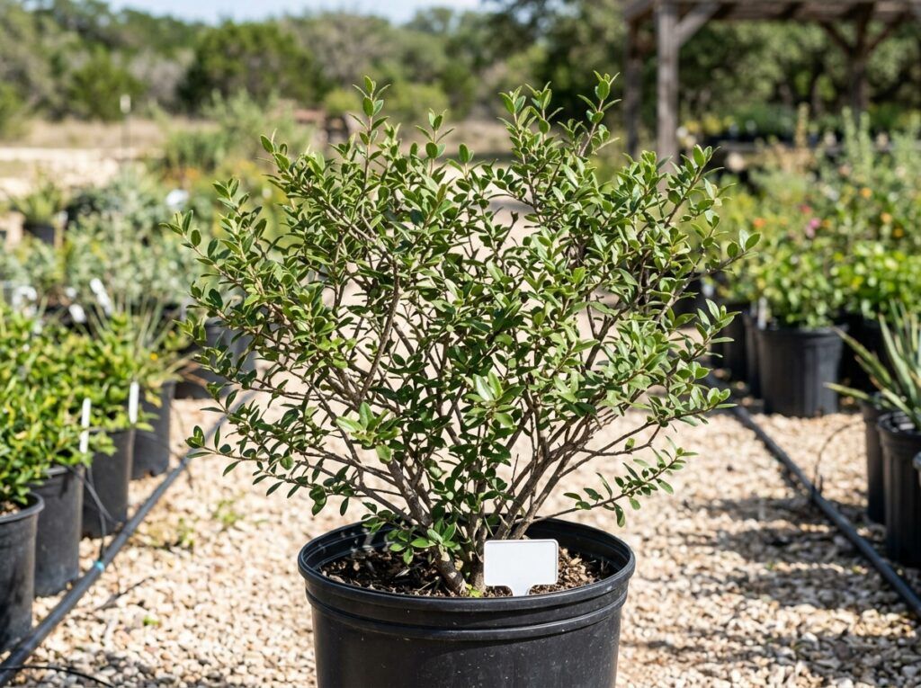 Elbow Bush shrub with dense green foliage in a black nursery pot on a white background.
