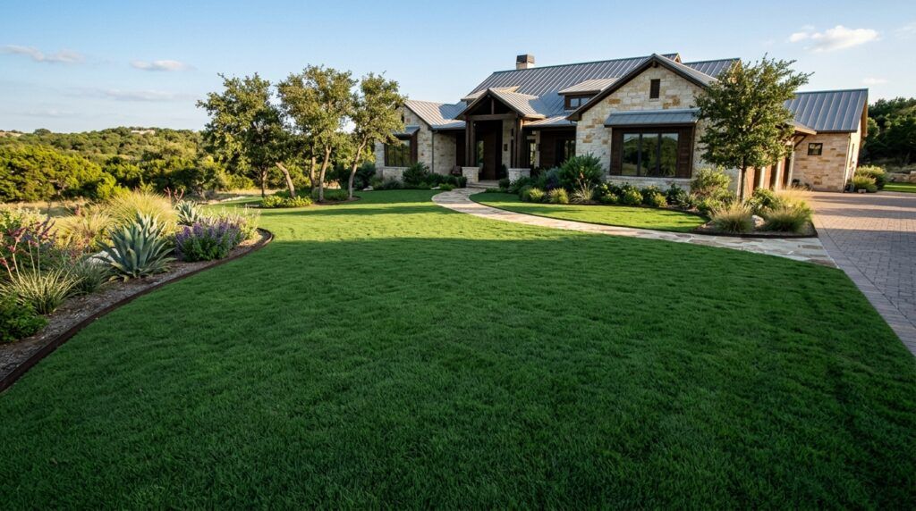 Emerald sod installed as a lush, dense green lawn with clean seams along a landscaped yard.