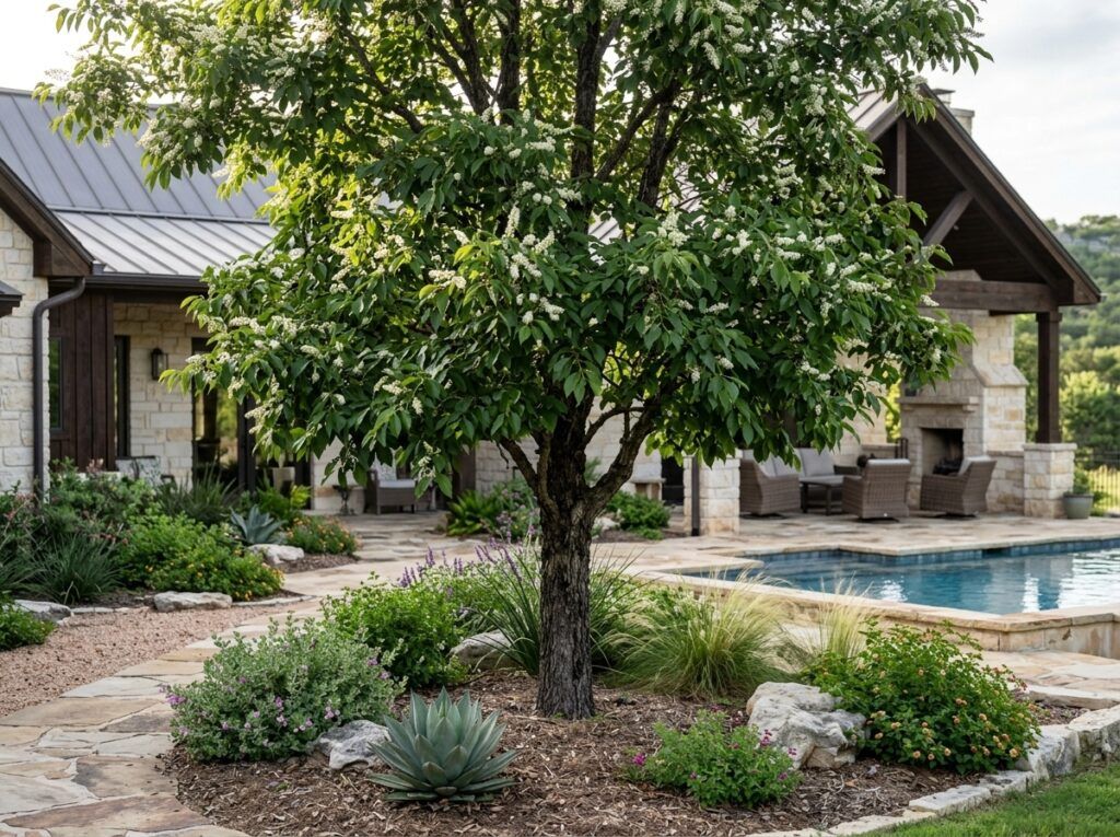 Escarpment Black Cherry tree in a black nursery pot, young specimen with glossy green leaves.