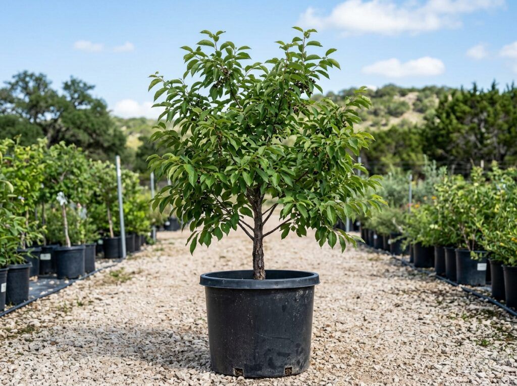 Escarpment Black Cherry tree in a nursery container with glossy green leaves and multiple stems.