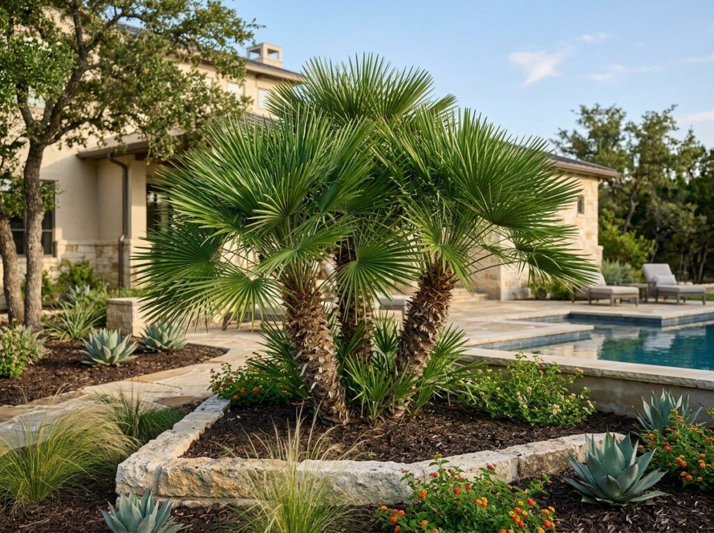 European Fan Palm in a black nursery pot, with multiple fan-shaped green fronds.