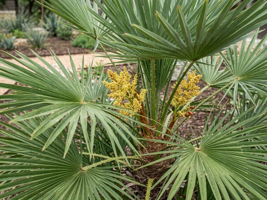European Fan Palm in a container with fan-shaped green fronds, compact multi-stem palm form.