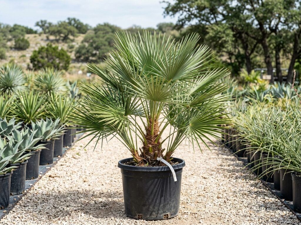 European Fan Palm palm with fan-shaped green fronds in a black nursery pot.