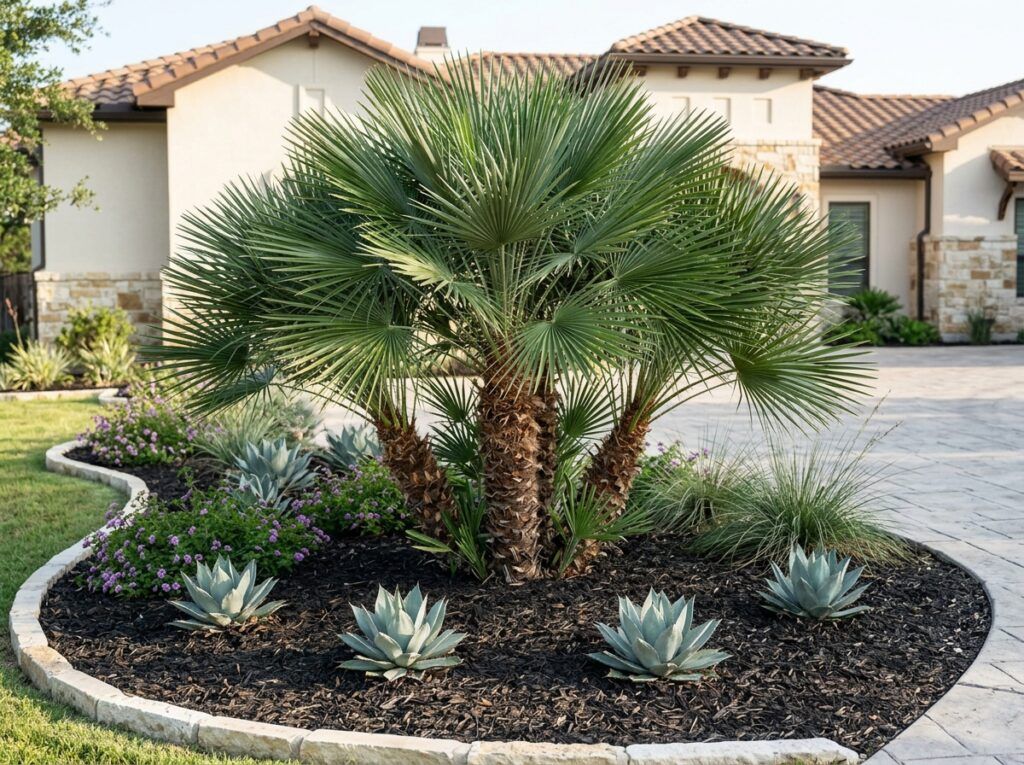 European Fan Palm palm with multiple fan-shaped green fronds in a nursery container.