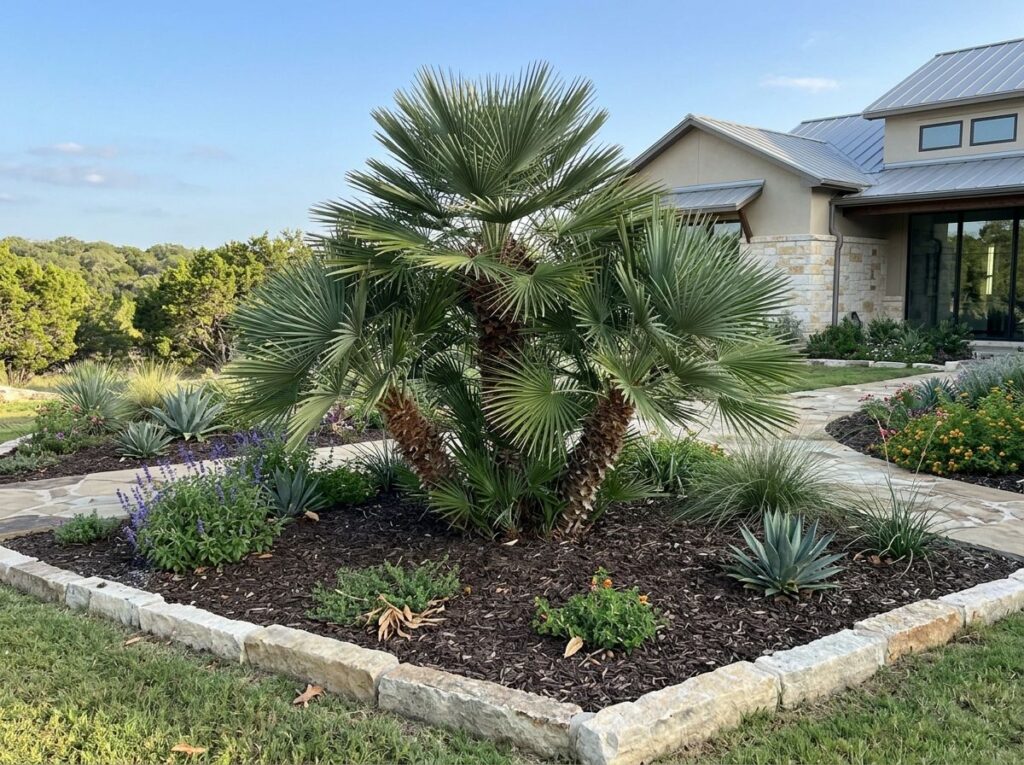 European Fan Palm palm with multiple trunks and fan-shaped green fronds in a container.