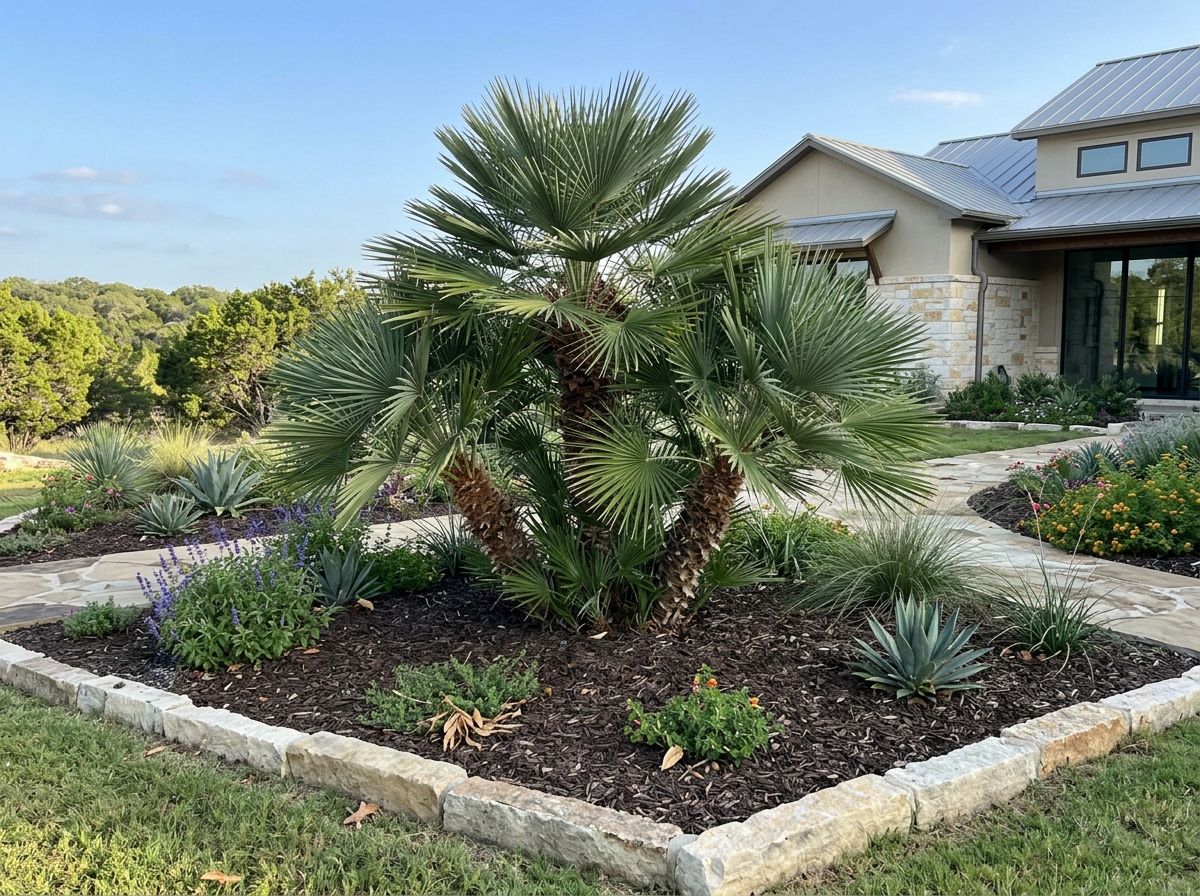 European Fan Palm palm with multiple trunks and fan-shaped green fronds in a container.