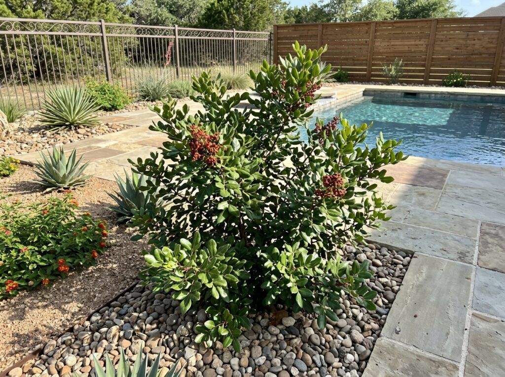 Evergreen Sumac shrub with dense green foliage growing in a nursery container.