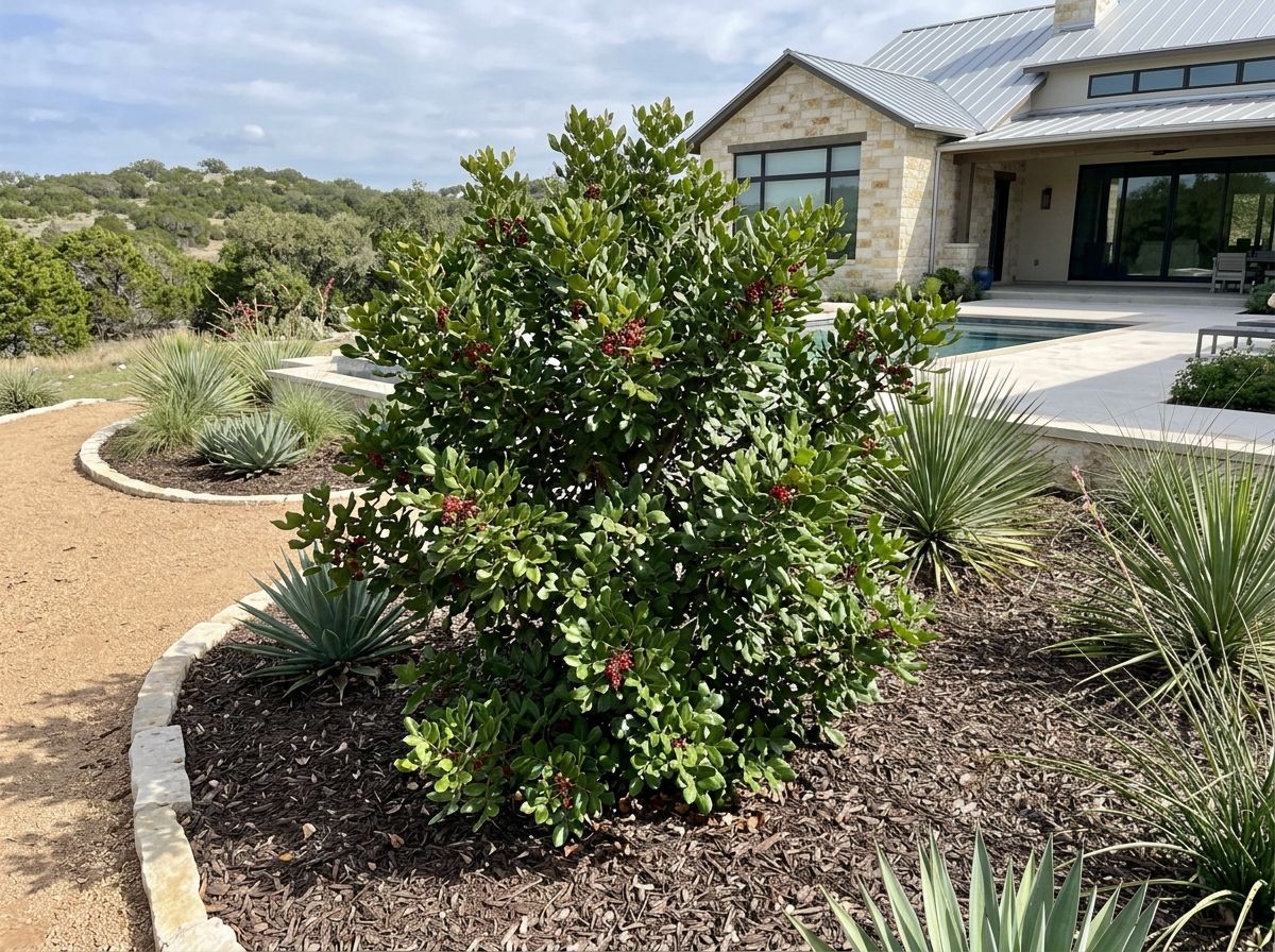 Evergreen Sumac shrub with glossy green leaves and clusters of red berries in a landscape planting.