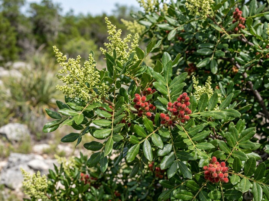 Evergreen Sumac shrub with dense green foliage in a black nursery pot.