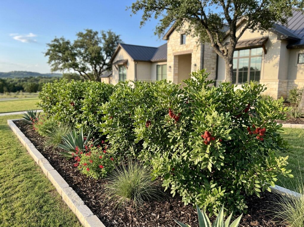 Evergreen Sumac shrub in a nursery container with dense green foliage.