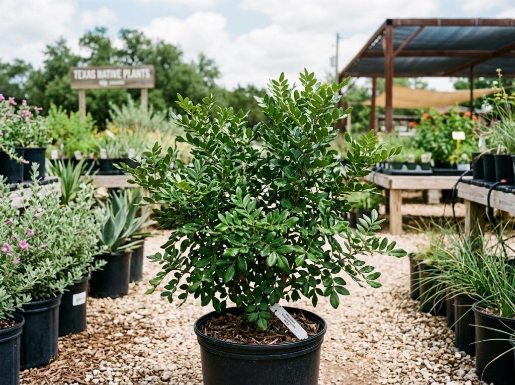 Evergreen Sumac shrub in a nursery container, showing dense green foliage and branching stems.