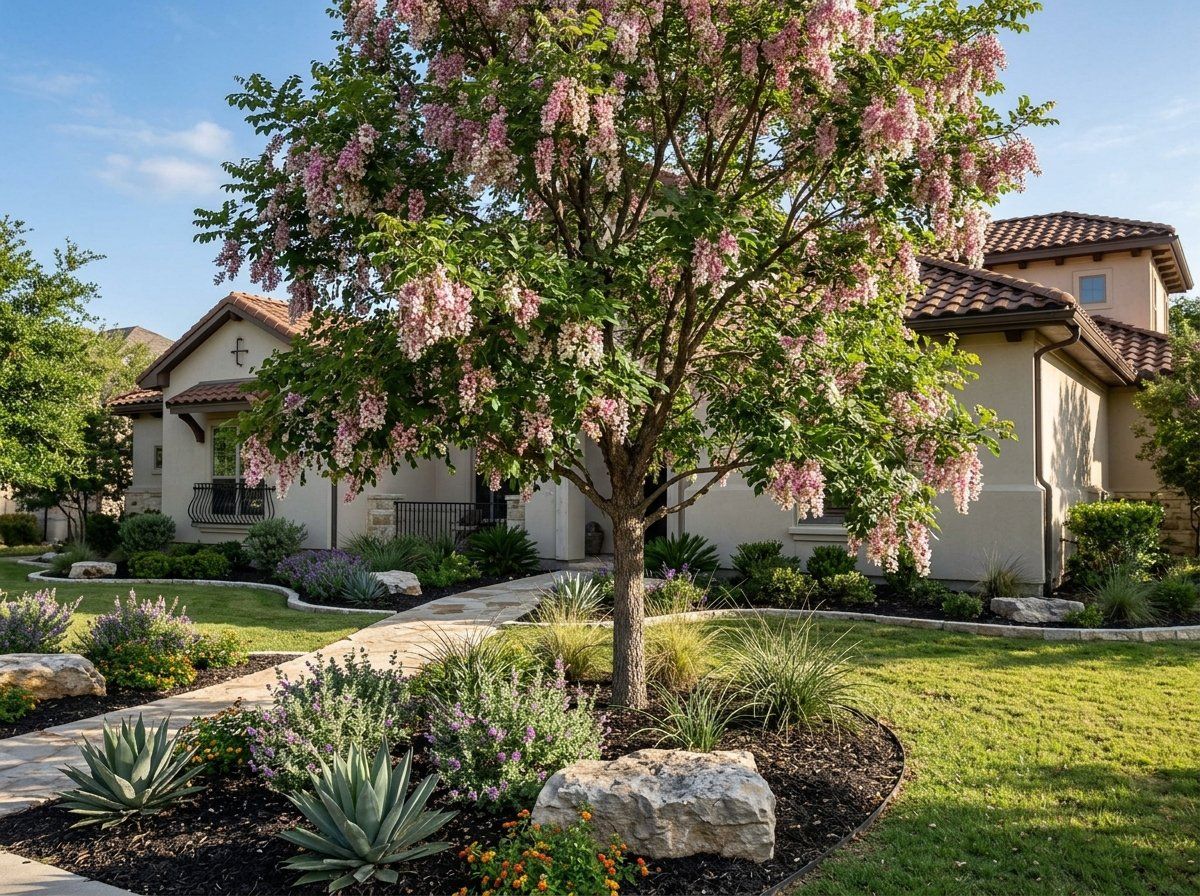 Eve's Necklace tree with airy green foliage and clusters of pink pea-shaped flowers.