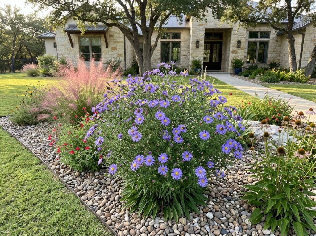 Fall Aster perennial in a black nursery pot with dense green foliage and small purple daisy-like blooms.