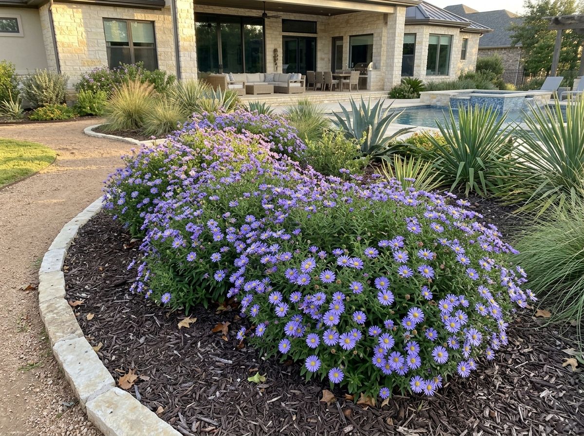 Fall Aster perennial with clusters of purple daisy-like flowers and green foliage in bloom.