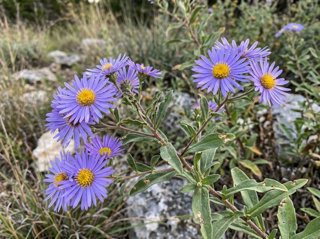 Fall Aster perennial in a nursery pot with clusters of small purple daisy-like flowers and green foliage.