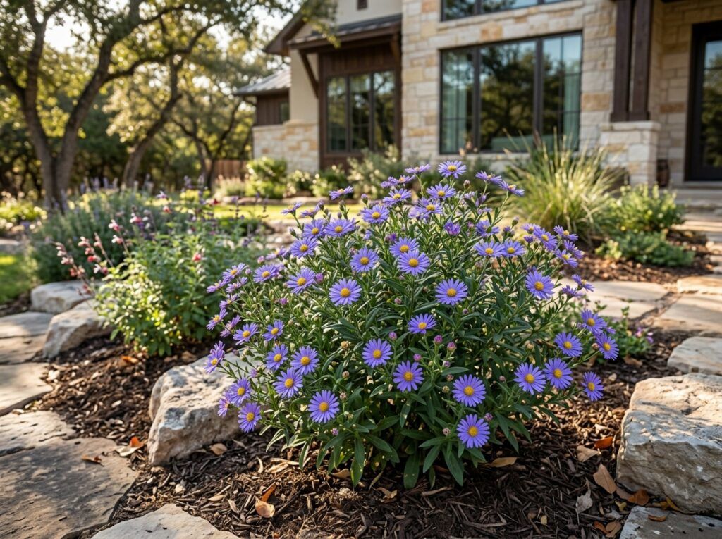 Fall Aster perennial with clusters of small purple daisy-like flowers and green foliage in bloom.