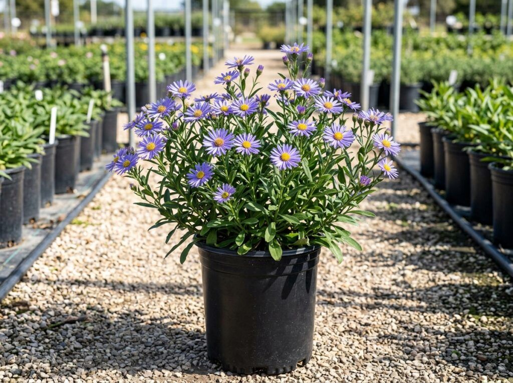 Fall Aster perennial with purple daisy-like blooms and green foliage in a nursery container.
