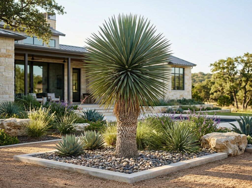 Faxon's Yucca in a container, showing dense rosettes of stiff blue-green, swordlike leaves.