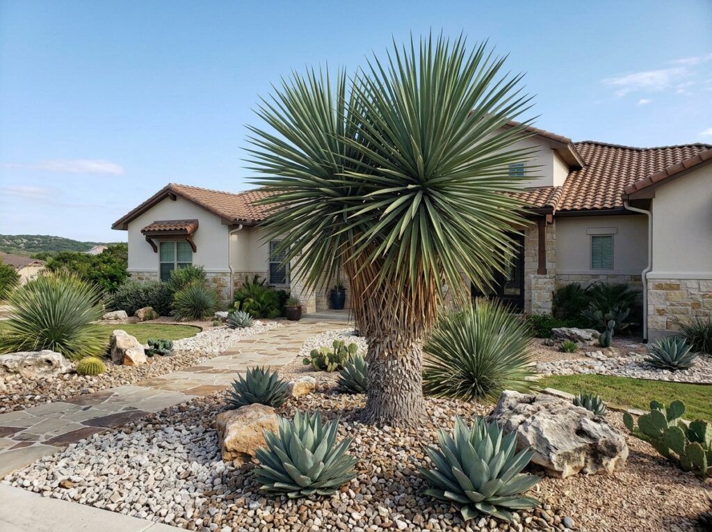Faxon's Yucca plant with spiky blue-green leaves growing in a black nursery pot.
