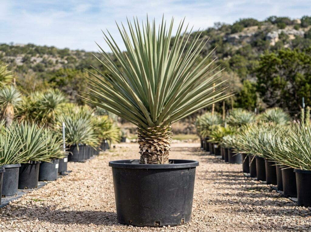 Faxon's Yucca with stiff blue-green spiky leaves atop a stout trunk, shown as a mature specimen.